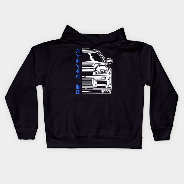 Skyline R34 GTR V Spec Half Front (White Print) Kids Hoodie by idrdesign